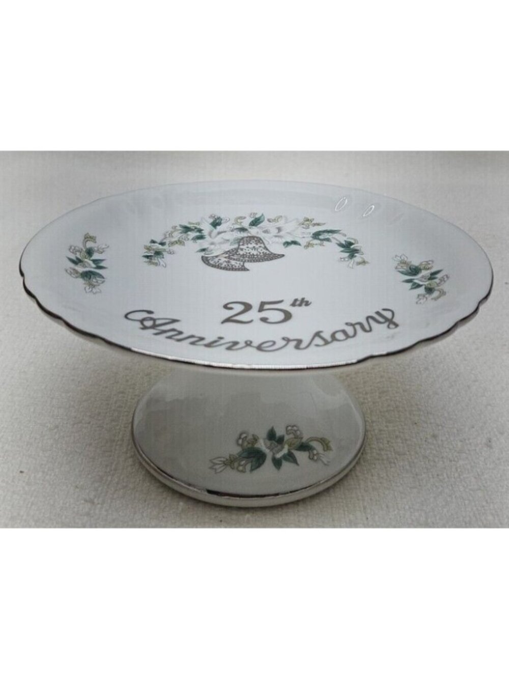25th Anniversary Pedestal Cake Stand Silver Jubilee Wedding Bells Compote - Picture 1 of 14
